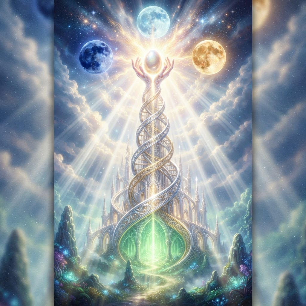 A luminous citadel formed from an intertwined silver and gold double helix, feminine hands cradling a glowing egg at its peak beneath three moons