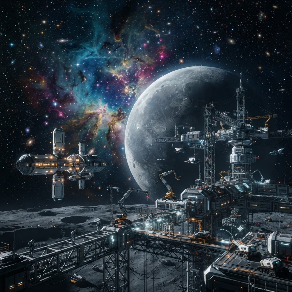 A deep cosmic scene with a colorful nebula and precise futuristic lunar engineering structures near a large moon